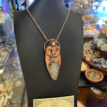 Load image into Gallery viewer, Barn Owl Goddess Pendant with Anandalite cluster, Moonstone, and Opal beak