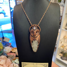 Load image into Gallery viewer, Barn Owl Goddess Pendant with Anandalite cluster, Moonstone, and Opal beak