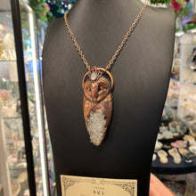 Load image into Gallery viewer, Barn Owl Goddess Pendant with Anandalite cluster, Moonstone, and Opal beak