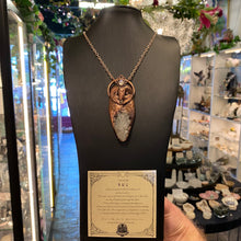 Load image into Gallery viewer, Barn Owl Goddess Pendant with Anandalite cluster, Moonstone, and Opal beak
