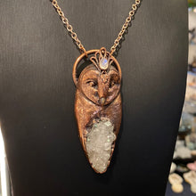 Load image into Gallery viewer, Barn Owl Goddess Pendant with Anandalite cluster, Moonstone, and Opal beak