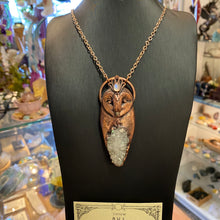 Load image into Gallery viewer, Barn Owl Goddess Pendant with Anandalite cluster, Moonstone, and Opal beak
