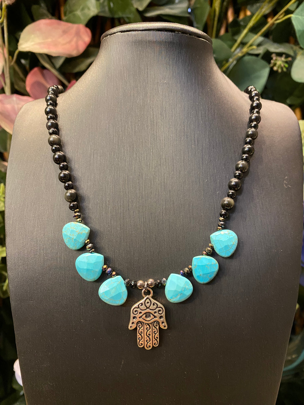 Hamsa Obsidian beaded necklace