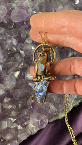 Horned Owl Totem with faceted Moonstone and Australian Opal necklace