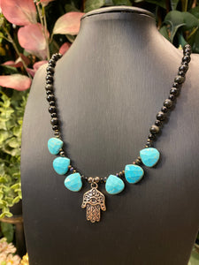 Hamsa Obsidian beaded necklace