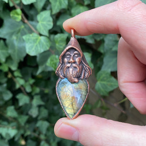 Hooded Wizard Copper Pendant with Labradorite Cabachon