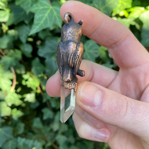 Horned Owl Key Relic Pendant with Clear Quartz Crystal