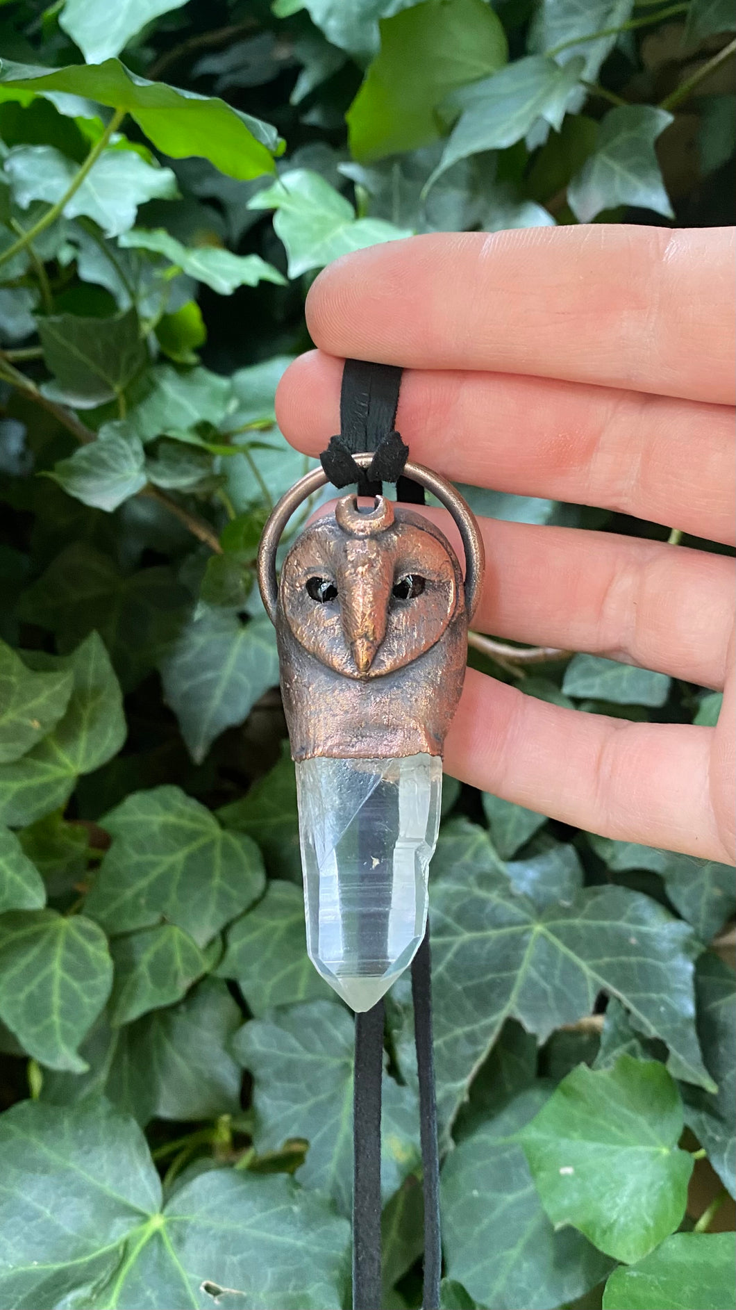 Barn Owl Relic Pendant with Clear Quartz Crystal