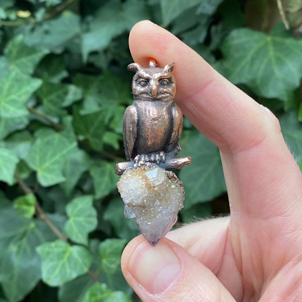 Horned Owl pendant with Spirit Quartz crystal