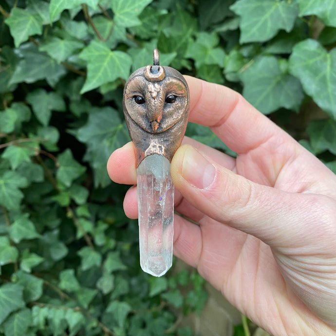 Barn Owl Key Relic Pendant with Clear Quartz Crystal