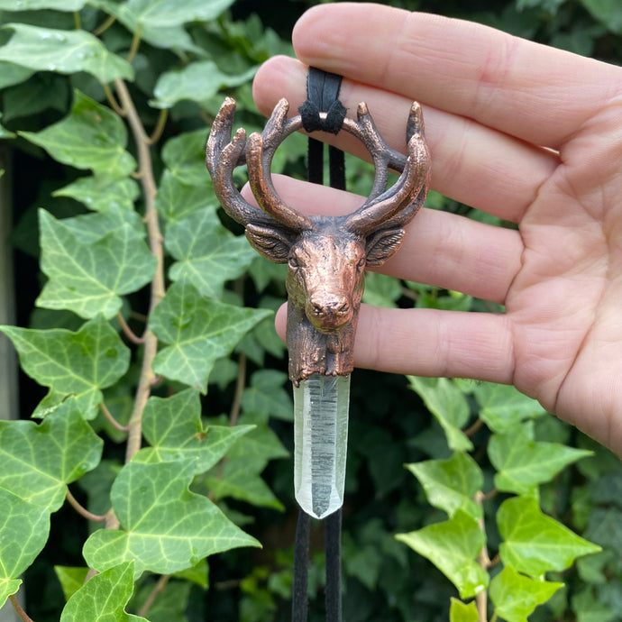 'King of the Forest' Stag Totem pendant with Lemurian Quartz crystal