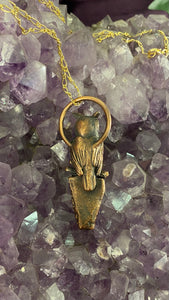 Horned Owl Totem with faceted Moonstone and Australian Opal necklace