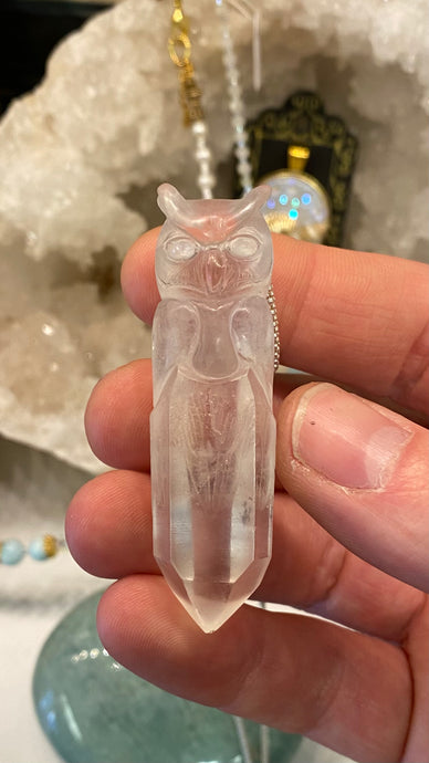 Carved Owl Clear Quartz pendant with Sterling Silver chain