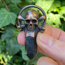 Load image into Gallery viewer, Skull and Bones Pirate Relic pendant with Smoky Quartz Crystal