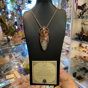 Barn Owl Goddess Pendant with Anandalite cluster, Moonstone, and Opal beak