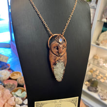Load image into Gallery viewer, Barn Owl Goddess Pendant with Anandalite cluster, Moonstone, and Opal beak