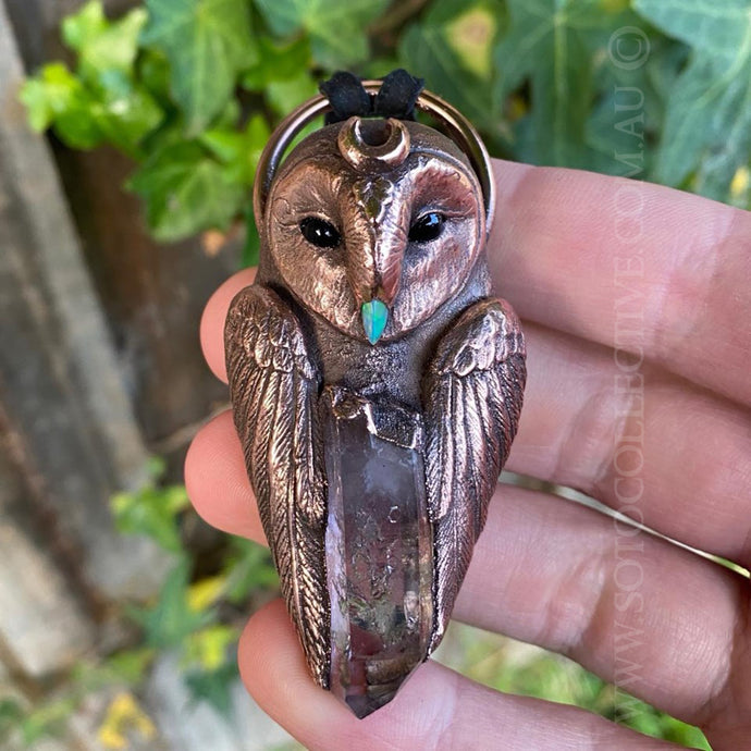 Barn Owl Totem Pendant with Opal Beak and Enhydro Vera Cruz Amethyst Crystal feature