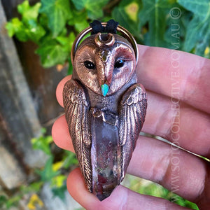 Barn Owl Totem Pendant with Opal Beak and Enhydro Vera Cruz Amethyst Crystal feature