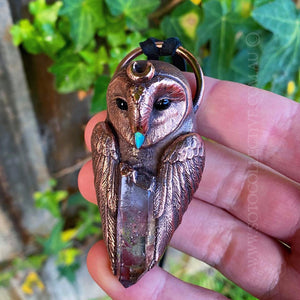 Barn Owl Totem Pendant with Opal Beak and Enhydro Vera Cruz Amethyst Crystal feature
