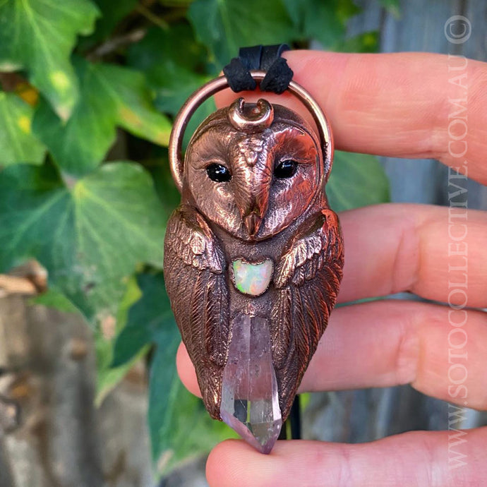 Barn Owl Totem Pendant with Opal and Kunzite