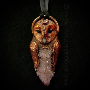 Barn Owl Totem Pendant with Spirit Quartz and Opal Beak