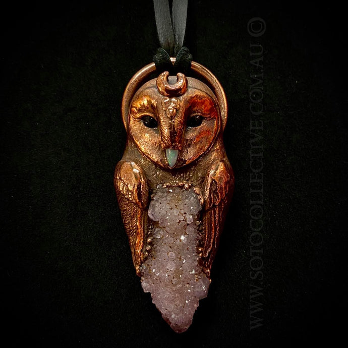 Barn Owl Totem Pendant with Spirit Quartz and Opal Beak