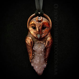 Barn Owl Totem Pendant with Spirit Quartz and Opal Beak