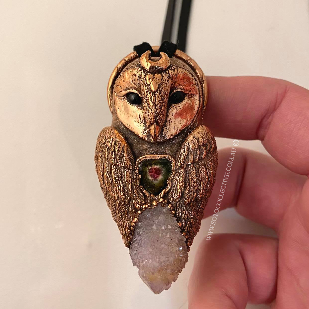 Barn Owl Totem Relic Necklace with Watermelon Tourmaline and