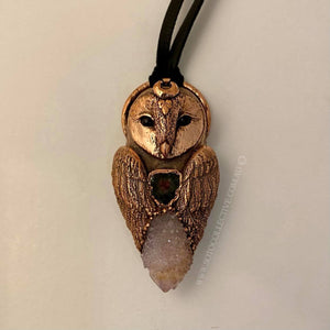 Barn Owl Totem Relic Necklace with Watermelon Tourmaline and Spirit Quartz