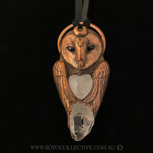 Barn Owl Totem Relic Necklace with Topaz and Rose Quartz Heart
