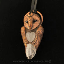 Load image into Gallery viewer, Barn Owl Totem Relic Necklace with Topaz and Rose Quartz Heart