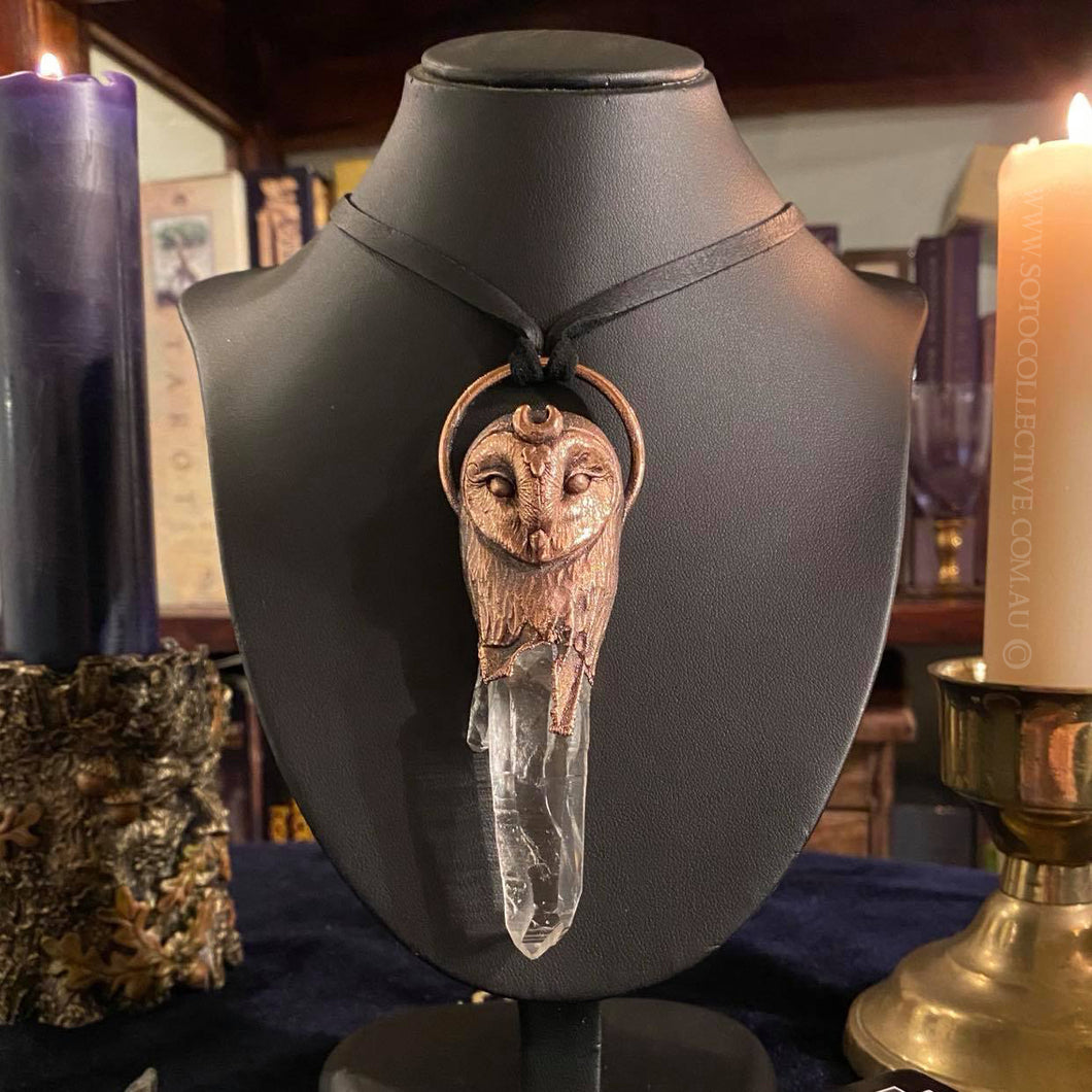 Barn Owl Key Relic Pendant with Clear Quartz Crystal