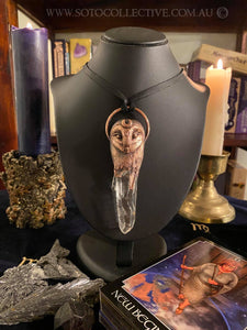 Barn Owl Key Relic Pendant with Clear Quartz Crystal