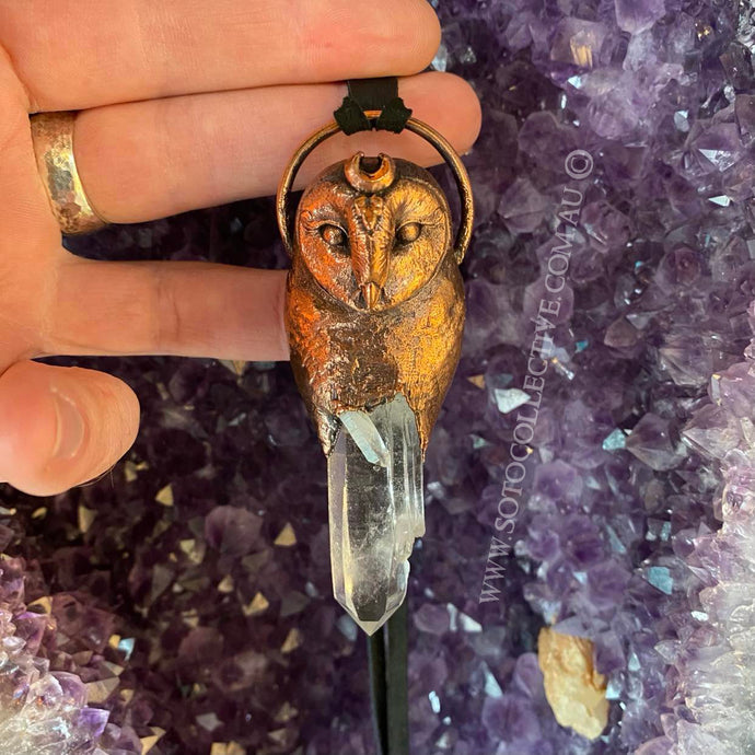 Barn Owl Totem Pendant with Clear Quartz crystal