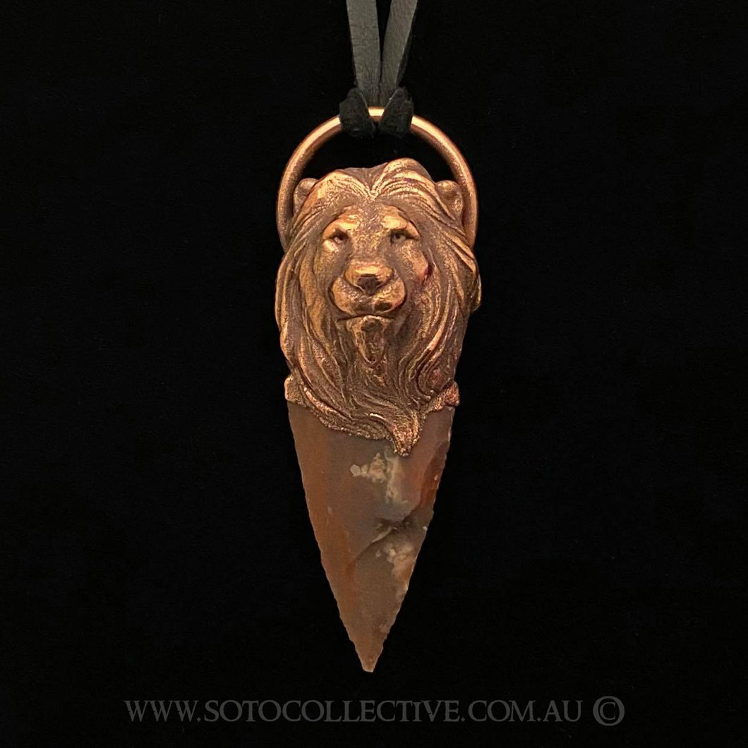 Lion Totem on knapped Agate Arrowhead Necklace