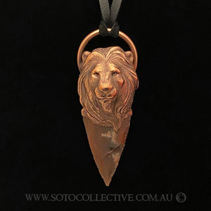 Lion Totem on knapped Agate Arrowhead Necklace