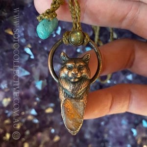 Maine Coon Cat Totem pendant with Sunstone Labradorite and Amazonite