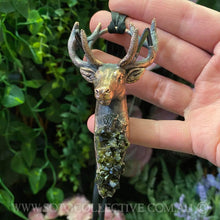 Load image into Gallery viewer, &#39;King of the Forest&#39; Stag Totem pendant with Green Tourmaline, Moldavite and Epidote