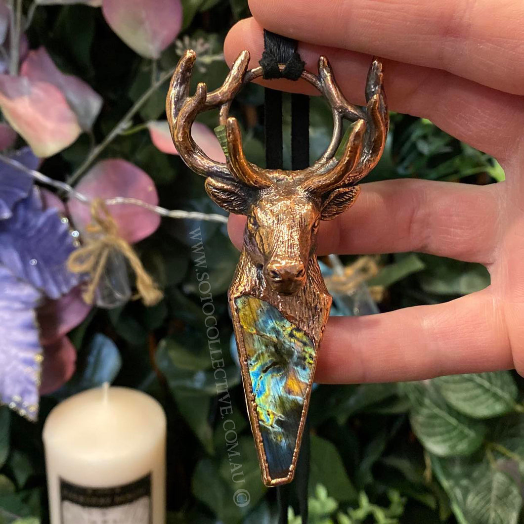 'King of the Forest' Stag Totem pendant with Labradorite and Green Tourmaline