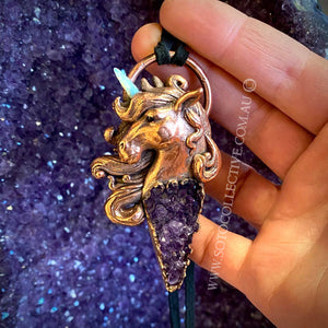 Unicorn Totem Pendant with Opal Horn and Amethyst Druze