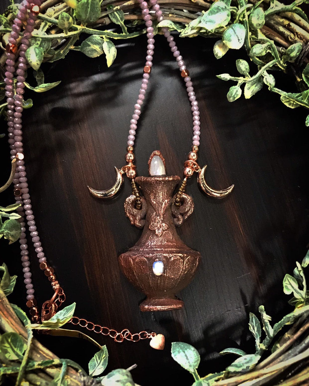 Moonstone and Opal Potion bottle Relic beaded necklace