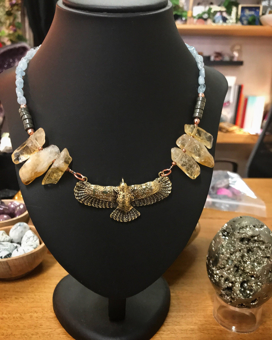 Eagle necklace - Citrine, Pyrite and Aquamarine