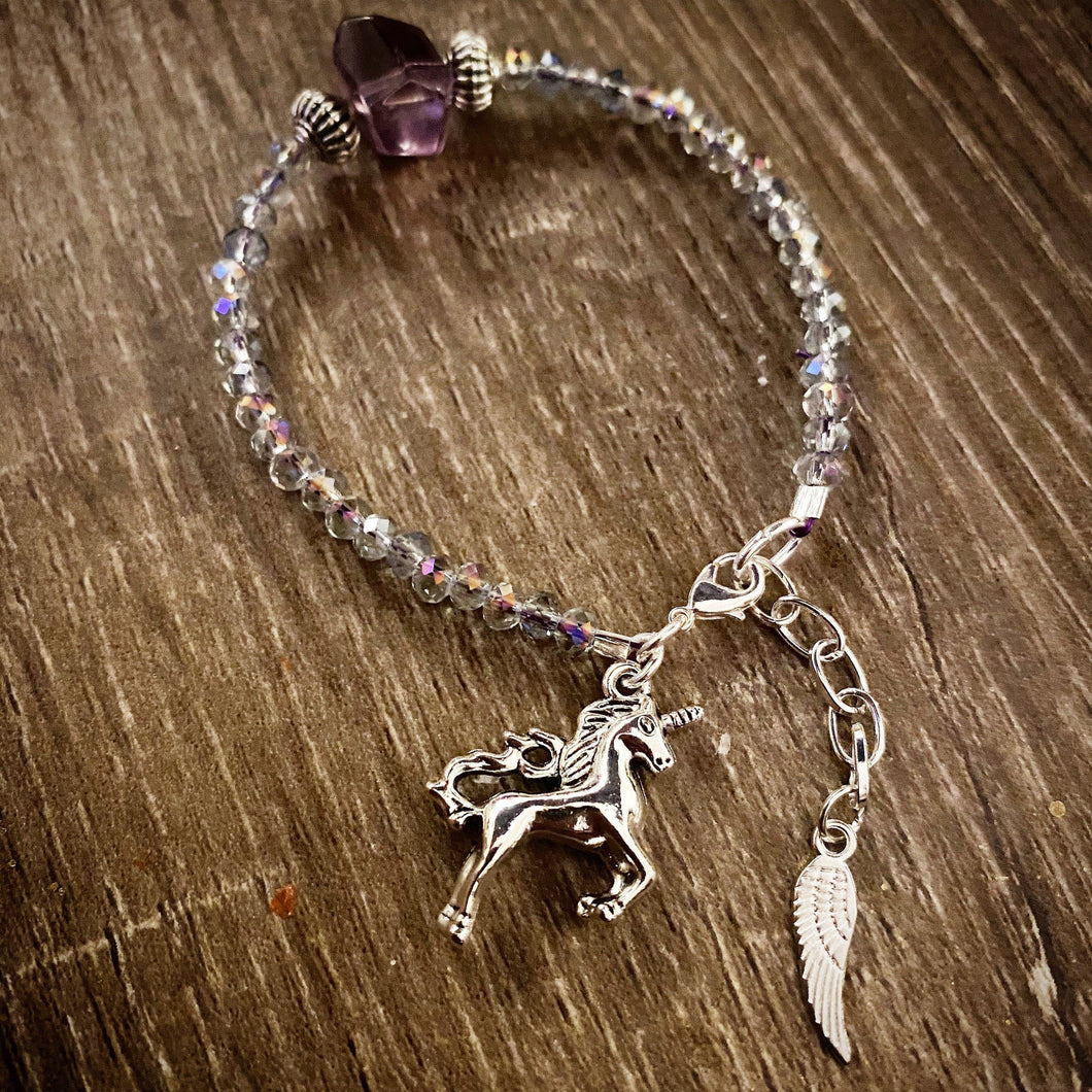 Unicorn bracelet, Gem beaded bracelet, crystal bracelet, Amethyst and crystal bead bracelet handmade by Soto Collective