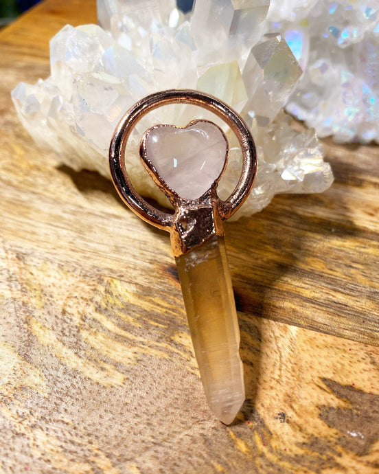 Citrinated Quartz point and Rose Quartz Heart Copper Electroformed Pendant by Soto Collective