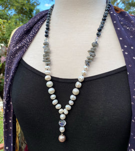 Freshwater Pearl and Labradorite Mala necklace