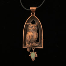 Load image into Gallery viewer, Horned Owl Totem on Arch Window with Opal Leaf necklace