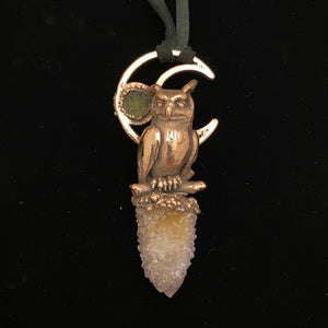 Horned Owl Totem with Moldavite and Spirit Quartz necklace