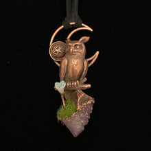 Load image into Gallery viewer, Horned Owl Totem with hand carved Opal Flower and Spirit Quartz necklace