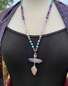 Rose Quartz arrowhead and Amethyst Mala necklace