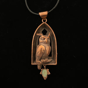 Horned Owl Totem on Arch Window with Opal Leaf necklace